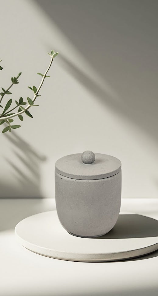 grey colored concrete candle, ozone, fresh scented, MoodBloom, cocount wax