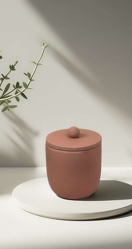 Light red colored concrete candle with citrus fragrance notes, MoodBloom