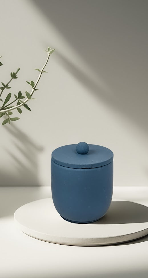 Blue concrete candle scented with coconut and musk, MoodBloom