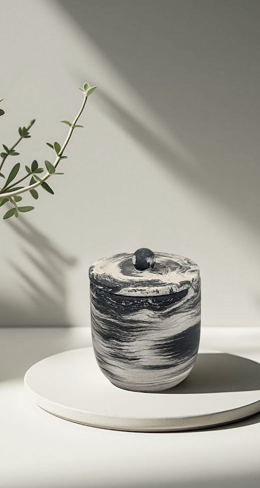 A concrete candle container with a black and gray marbled pattern, topped with a black lid, placed on a white plate. Natural light and shadow are casting on the objects.